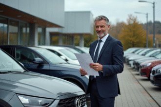 Homme d age en costume avec voiture neuve en concession