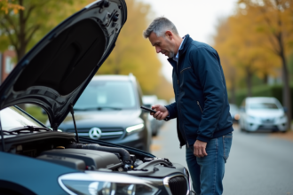 Homme regardant le moteur d'une voiture moderne en banlieue