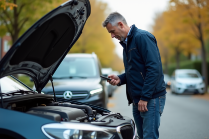 Homme regardant le moteur d'une voiture moderne en banlieue