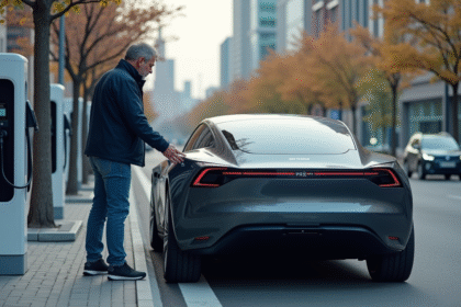 Ingénieur homme devant une voiture électrique moderne