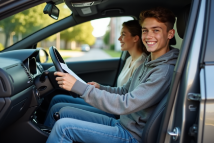 Jeune garçon souriant au volant d'une voiture moderne avec une femme