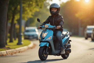 Jeune cycliste avec casque sur un petit moped en ville