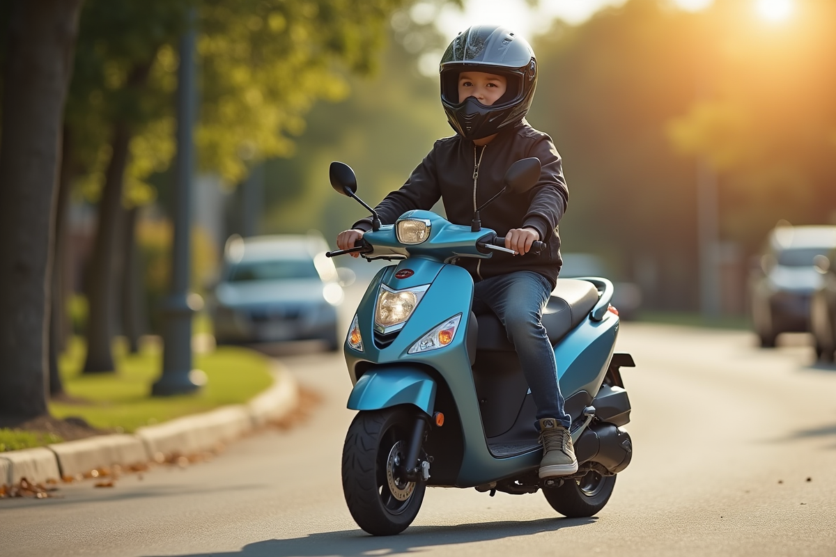 Jeune cycliste avec casque sur un petit moped en ville