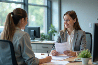 Jeune femme remplissant un formulaire de permis de conduire dans un bureau lumineux