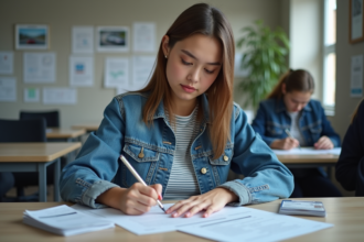 Jeune femme remplissant un dossier à l'auto école