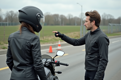Jeune femme en formation moto avec instructeur sur circuit