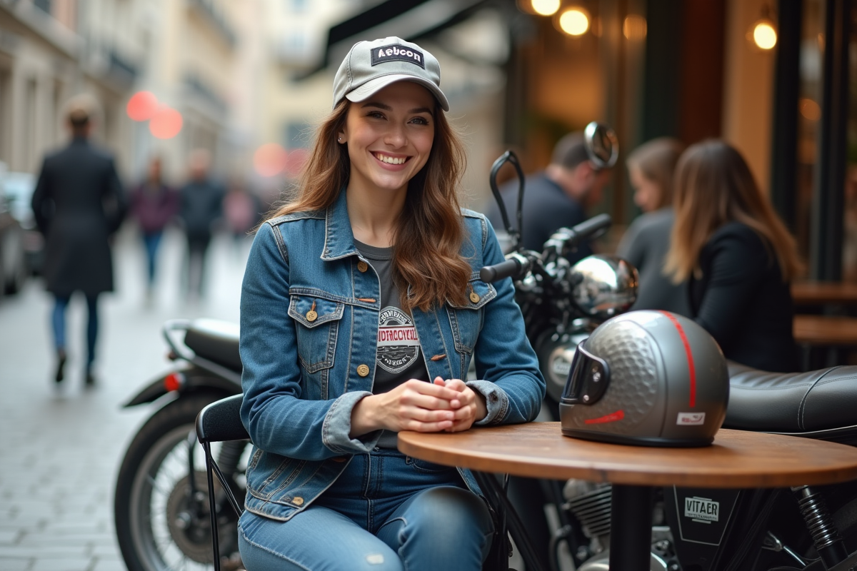 Jeune femme en moto au café en ville