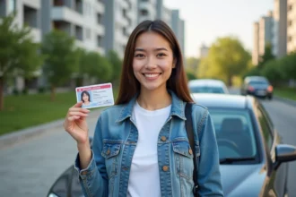 Femme souriante avec permis de conduire en main