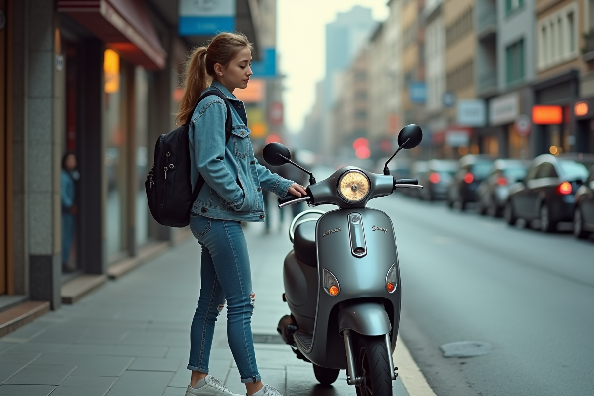 Jeune femme vérifiant le compteur de son scooter en ville