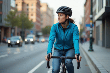 Jeune femme en vélo urbain en ville dynamique