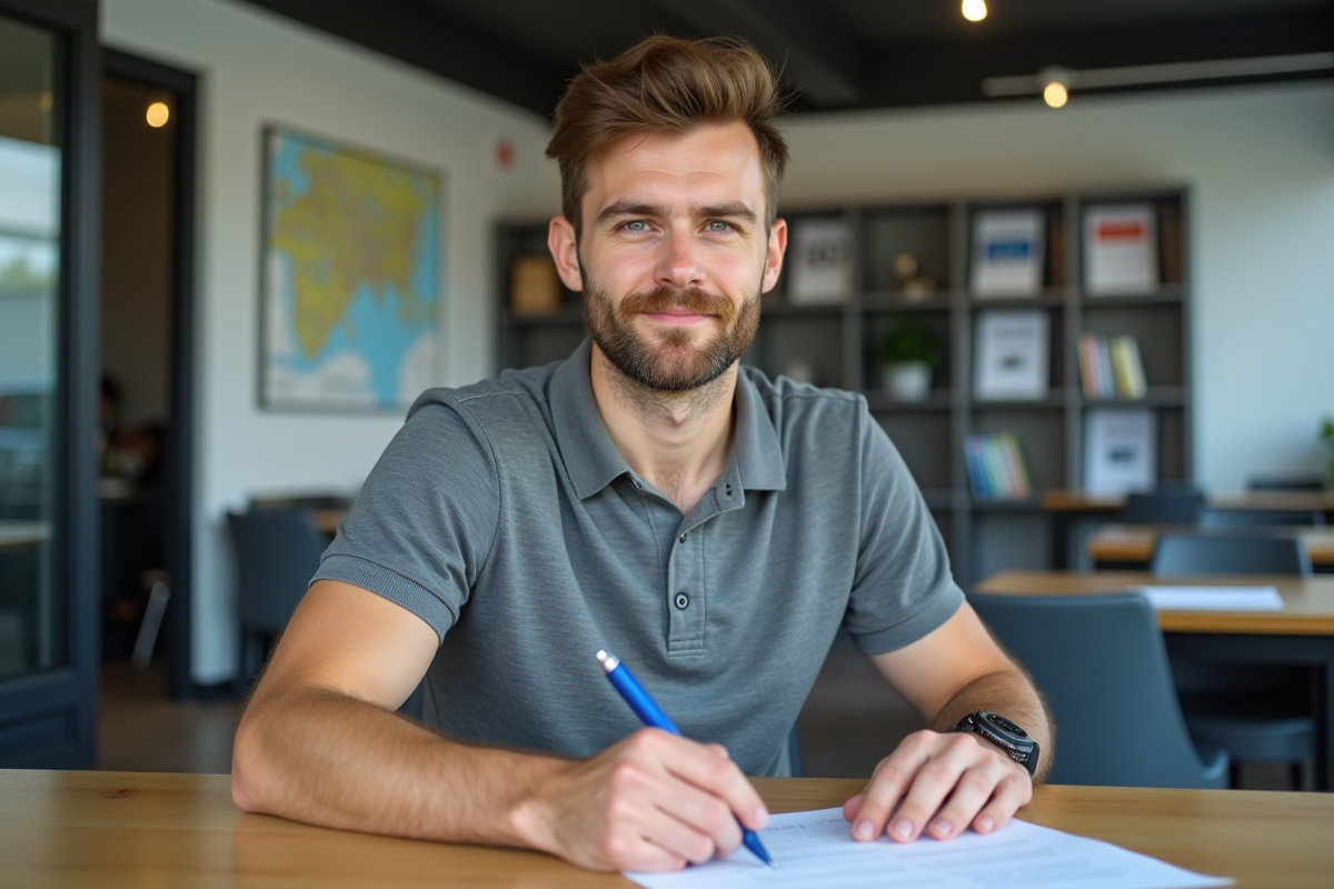 Jeune homme signant papier dans une école de conduite française