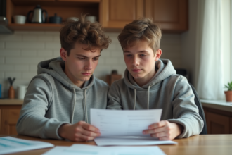 Adolescent avec son père regardant un document officiel à la maison