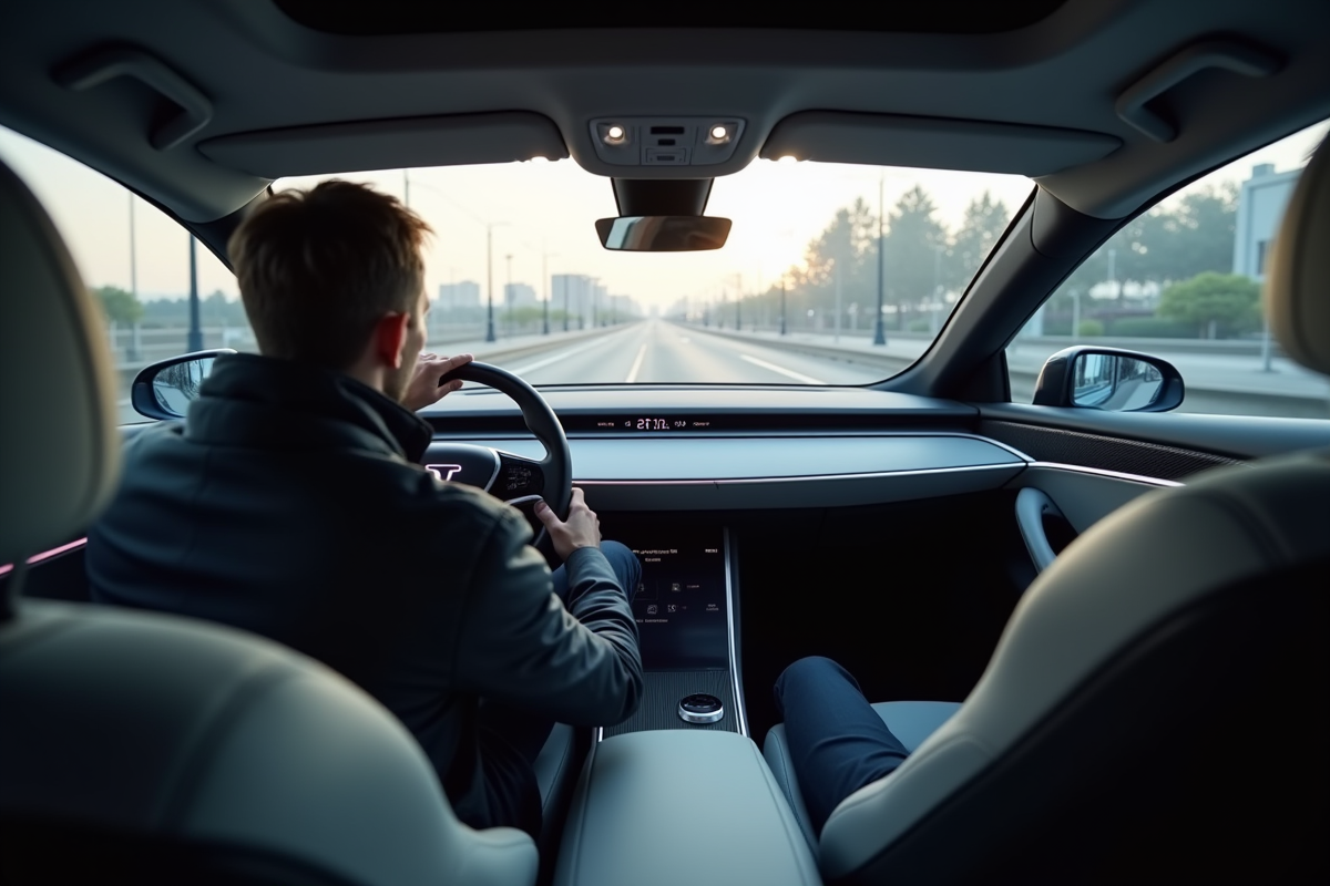 Jeune homme dans une voiture 2025 utilisant le tableau de bord futuriste
