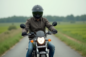 Jeune homme en moto textile sur route de campagne