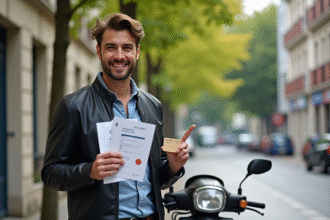 Jeune homme souriant avec permis moto et documents