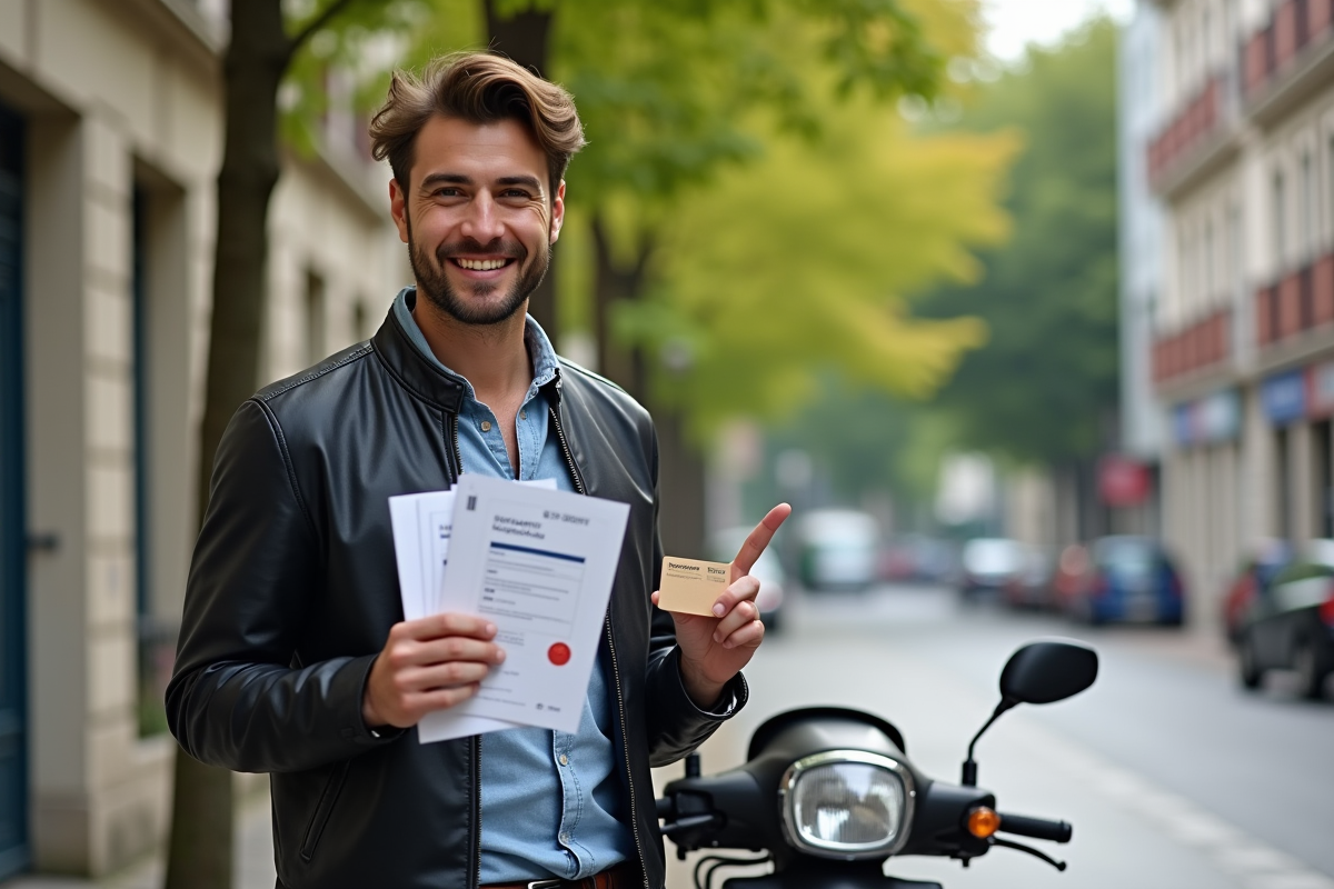 Jeune homme souriant avec permis moto et documents