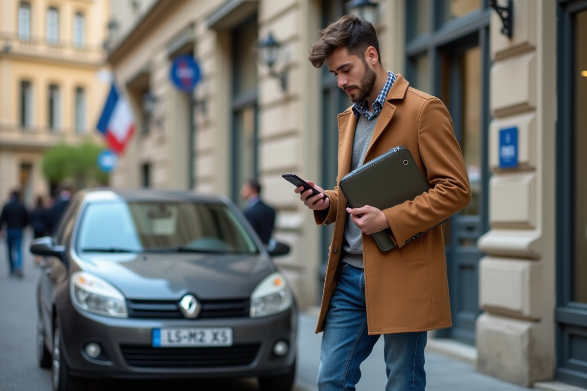 Jeune homme vérifiant documents devant préfecture
