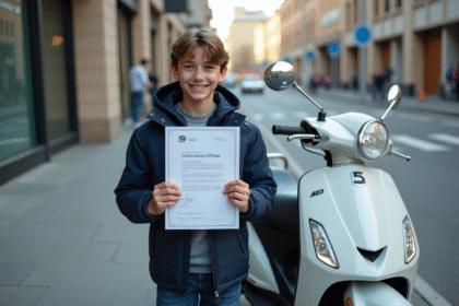 Jeune garçon avec certificat et scooter en ville