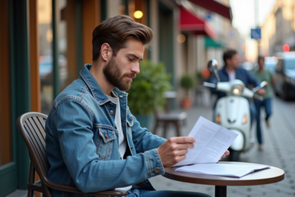 Jeune homme avec scooter et documents à l'extérieur