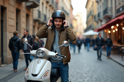 Jeune homme ajustant son casque avec scooter en ville