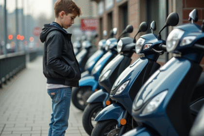 Jeune garçon examinant des scooters 50cc en ville