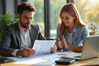 Jeune professionnel et femme examinent des documents d'assurance avec un ordinateur