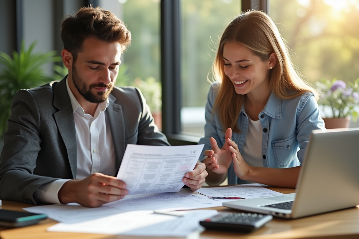 Jeune professionnel et femme examinent des documents d'assurance avec un ordinateur
