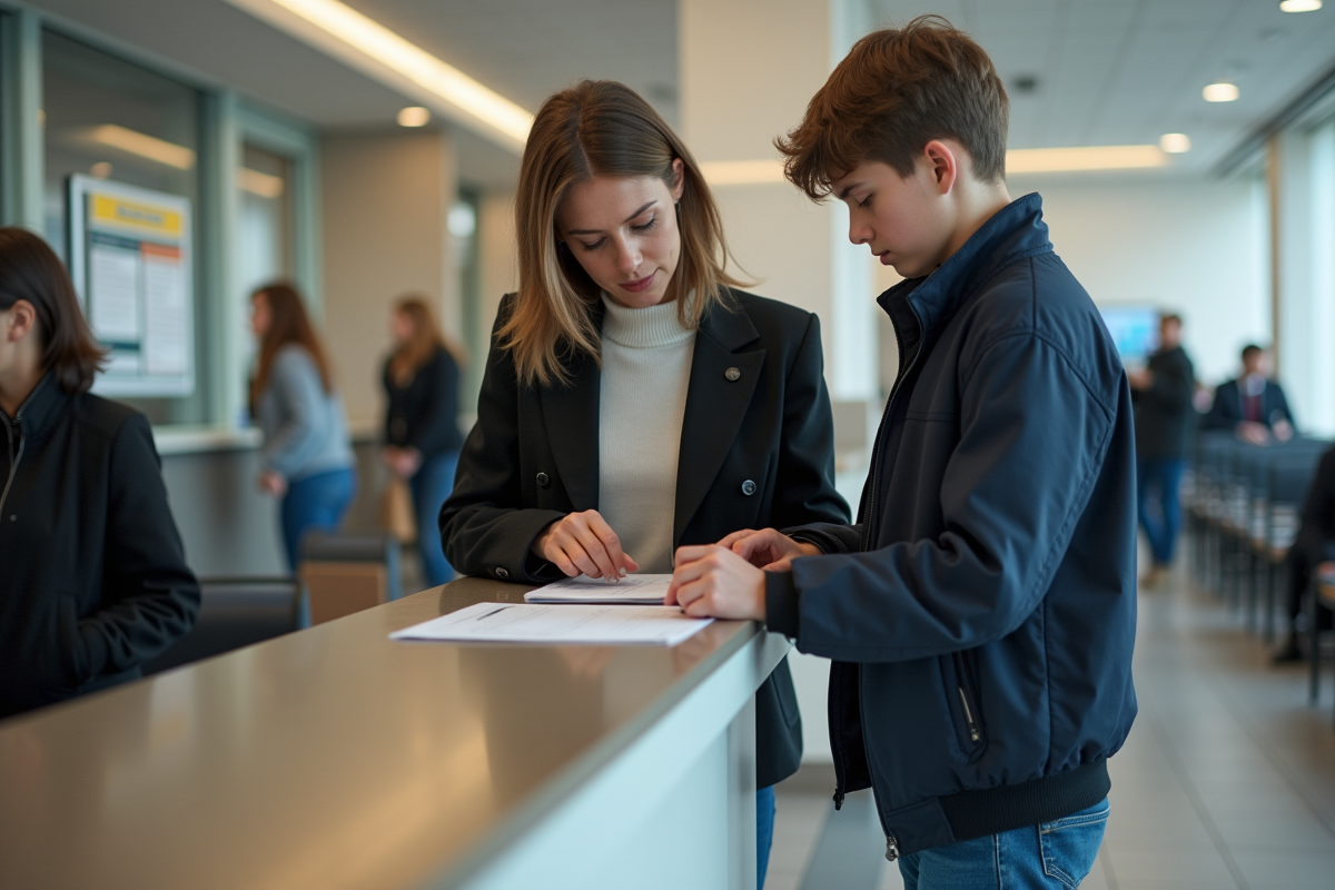 Mère et fils examinant un formulaire de voiture dans un bureau