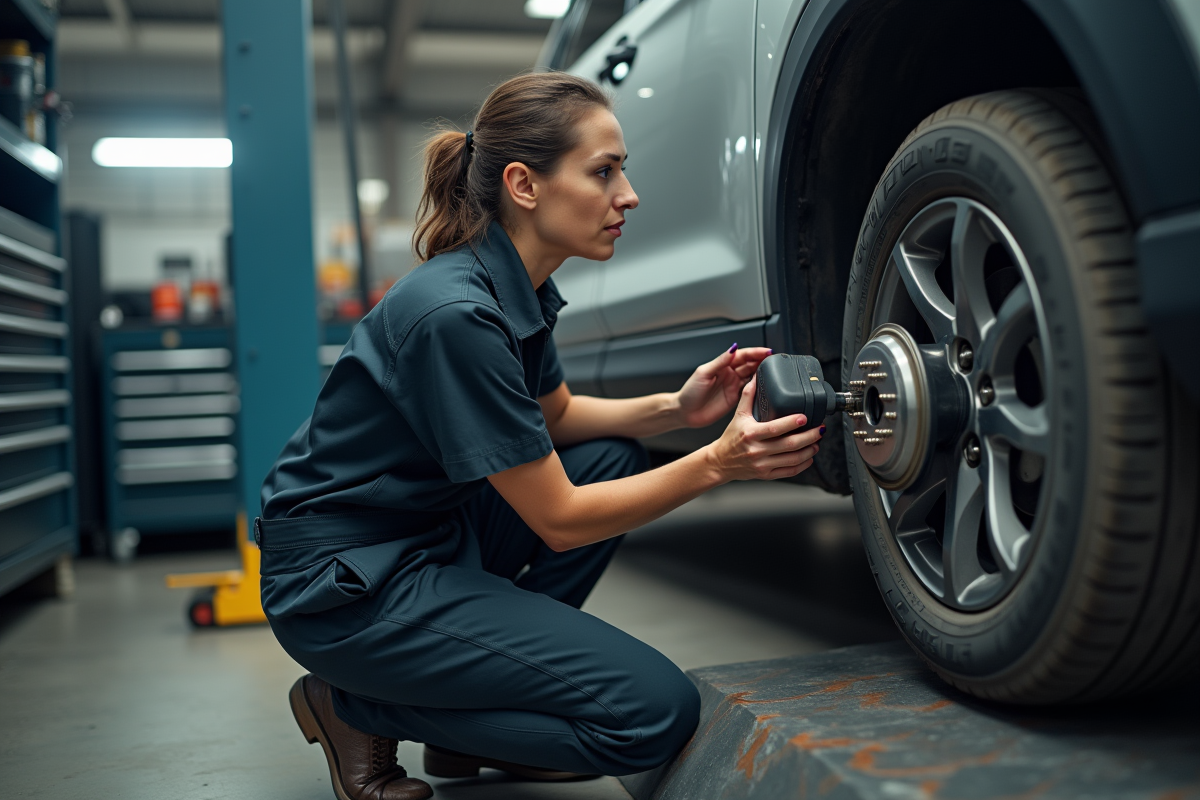 Femme mécanicienne examinant un frein dans un garage propre