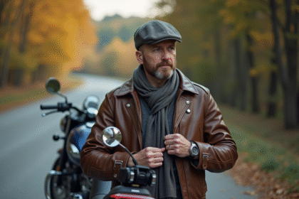 Motard homme en cuir sur route de campagne