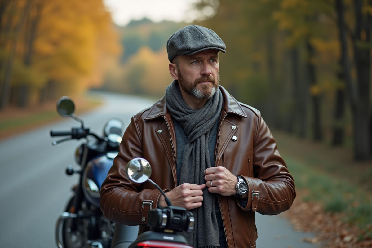 Motard homme en cuir sur route de campagne