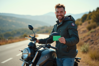 Jeune motard souriant avec carte verte en Espagne
