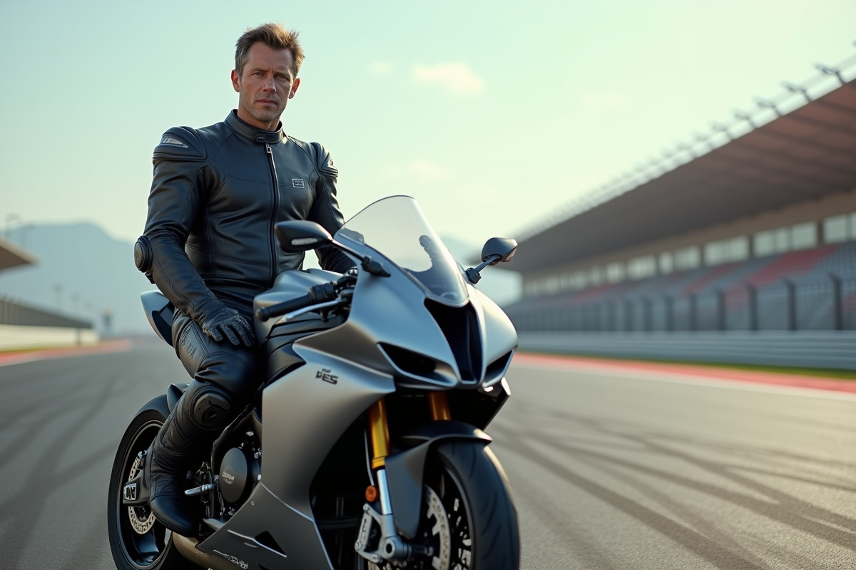 Motard en combinaison racing près d'une superbike sur circuit