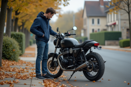 Jeune homme avec moto sans exhaust en suburbia automne