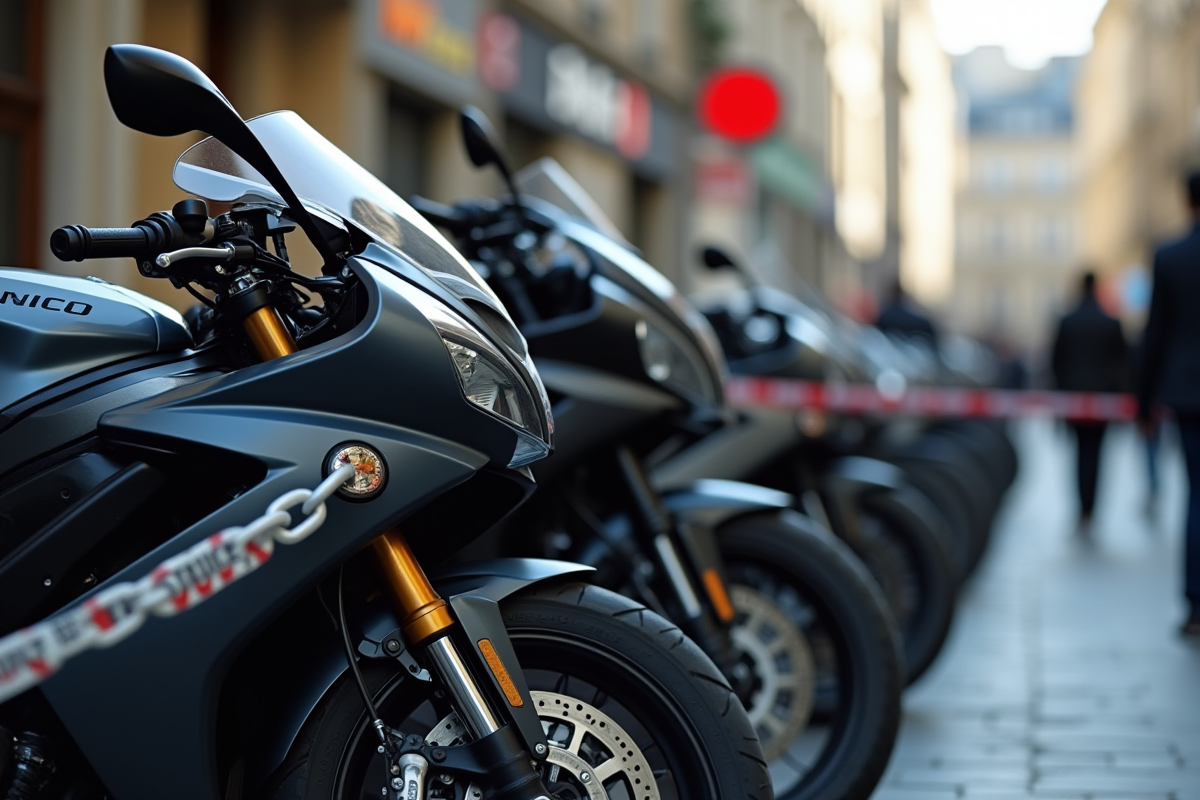Rangée de motos modernes dans Paris avec chaîne de sécurité
