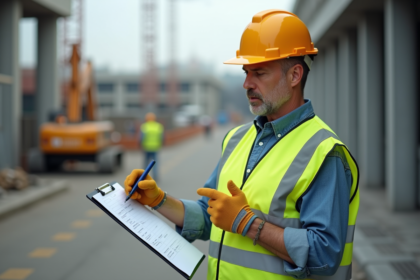 Ouvrier de construction vérifiant une liste de contrôle en extérieur