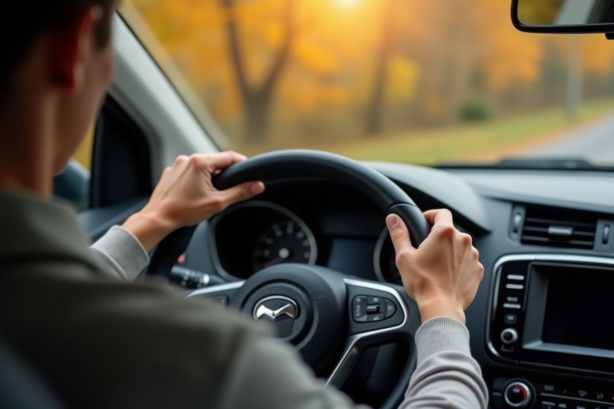 Deux mains sur le volant en automne avec paysage rural