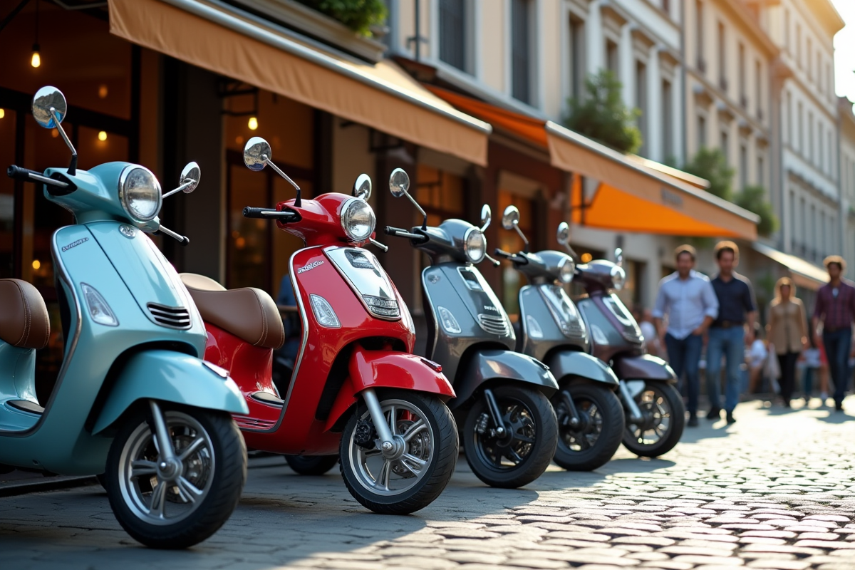 Scooters modernes garés devant un café animé en ville
