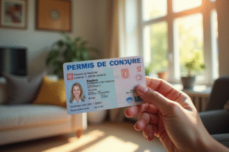 Permis de conduire B français tenu par un adulte souriant dans un salon lumineux