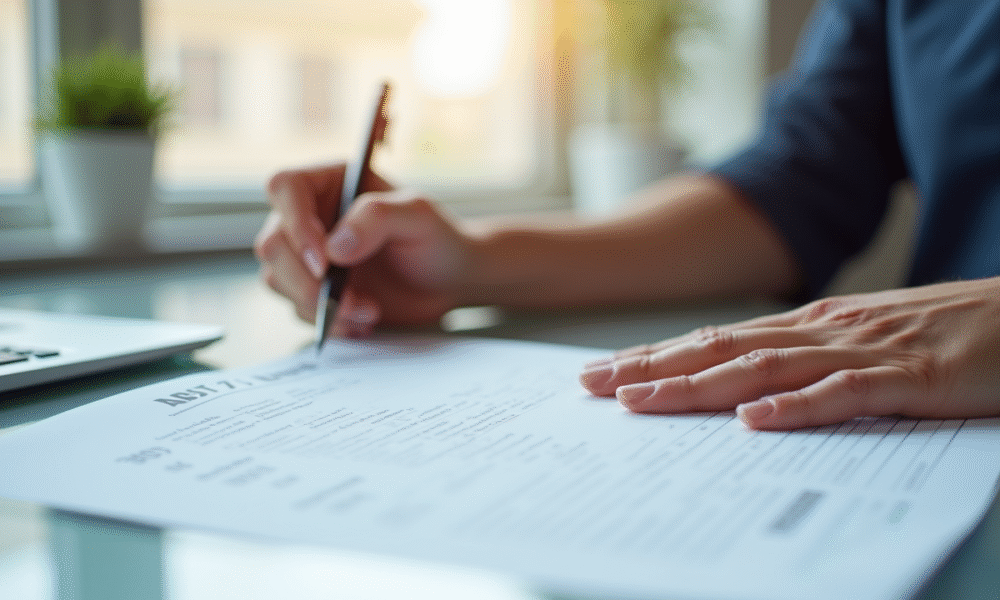 Personne remplissant une carte grise sur un bureau lumineux
