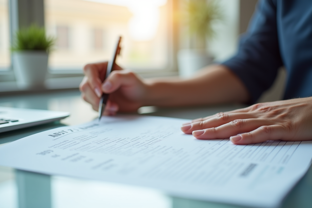 Personne remplissant une carte grise sur un bureau lumineux