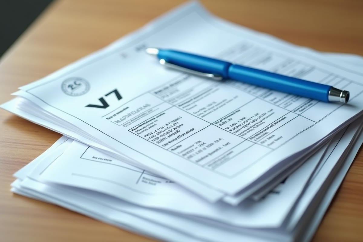 Pile de documents de carte grise avec un stylo bleu sur une surface en bois