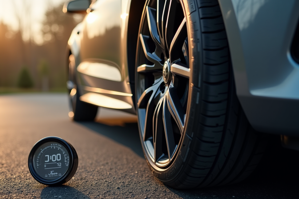 Vue rapprochée d'un pneu de voiture et jante sur une route ensoleillée avec un manomètre digital