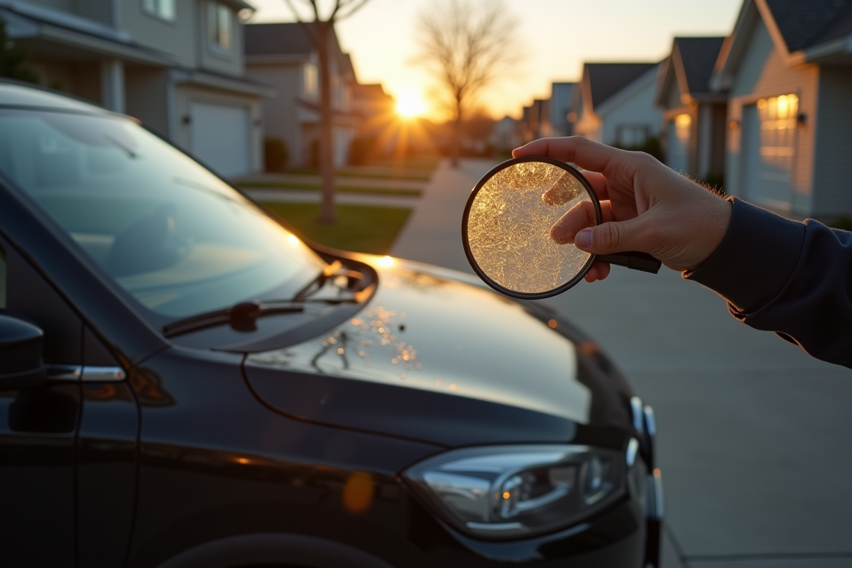 Propriétaire inspectant une voiture noire rayée dans une cour résidentielle