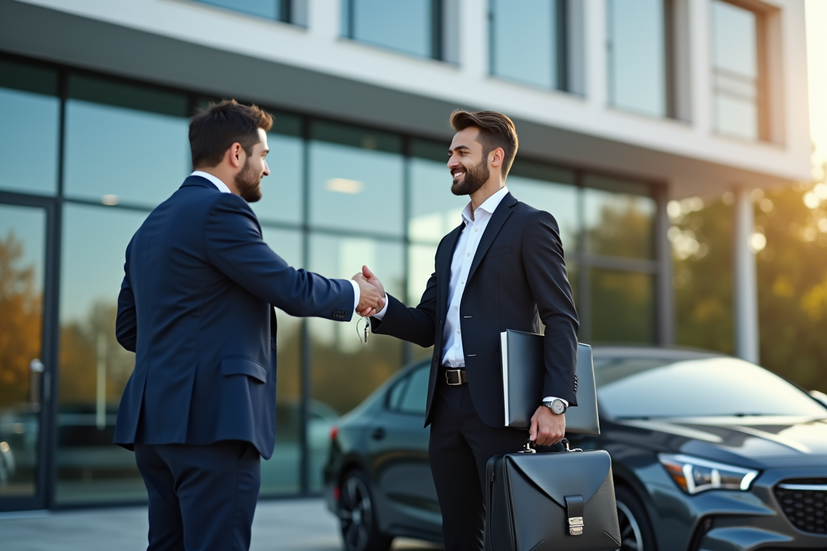 Un professionnel confiant remet des clés de voiture à un collègue devant un bâtiment moderne