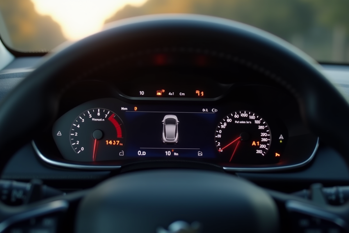 Tableau de bord Peugeot avec voyant check engine allumé
