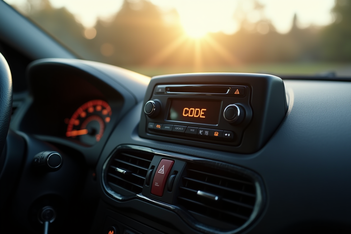 Vue rapprochée du tableau de bord Renault affichant code radio