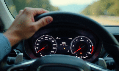 Main de conducteur ajustant le tableau de bord digital de la voiture