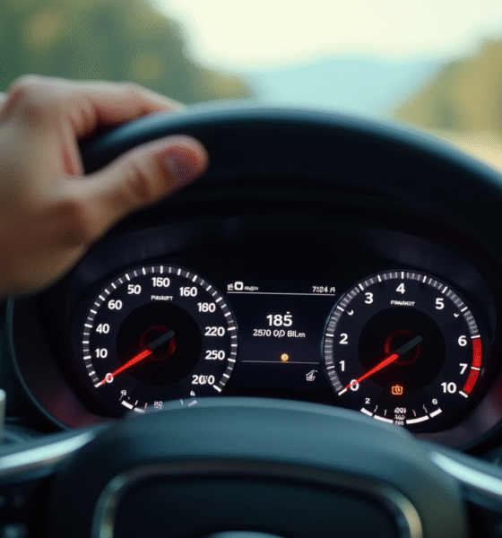 Main de conducteur ajustant le tableau de bord digital de la voiture