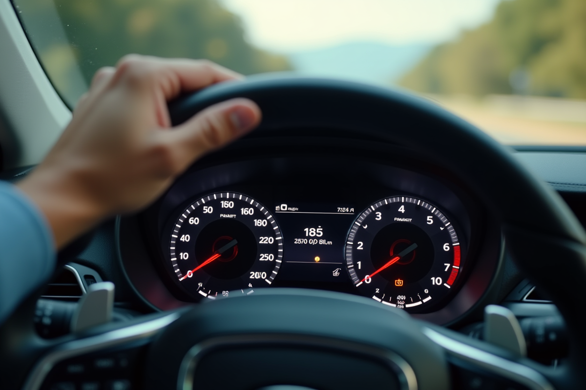 Main de conducteur ajustant le tableau de bord digital de la voiture